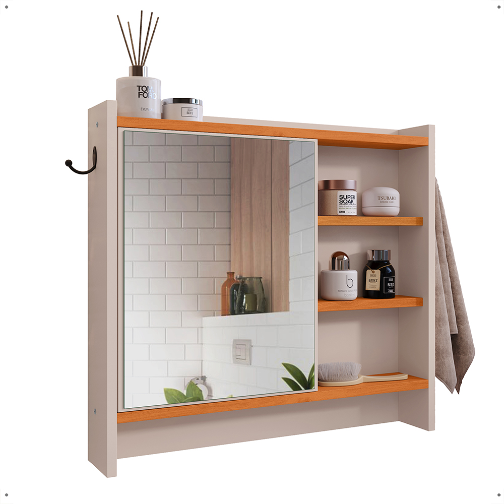 Armário Aéreo Espelheira Armarinho para Banheiro com Espelho Genova - Off White/Cinamomo - Lojas RPM