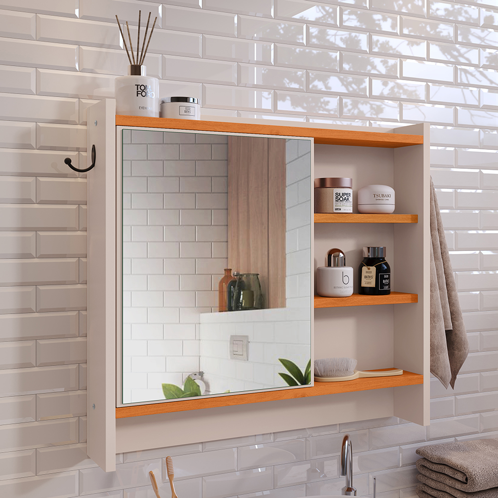 Armário Aéreo Espelheira Armarinho para Banheiro com Espelho Genova - Off White/Cinamomo - Lojas RPM
