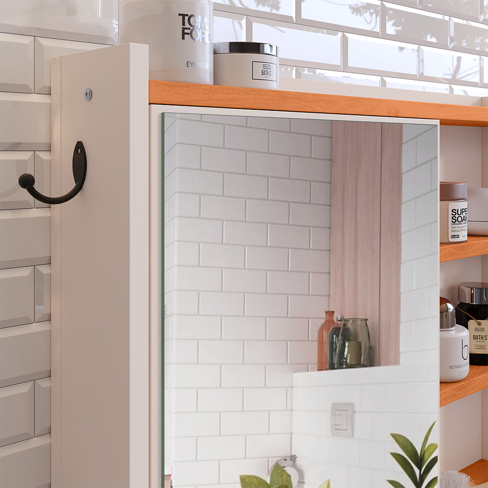 Armário Aéreo Espelheira Armarinho para Banheiro com Espelho Genova - Off White/Cinamomo - Lojas RPM