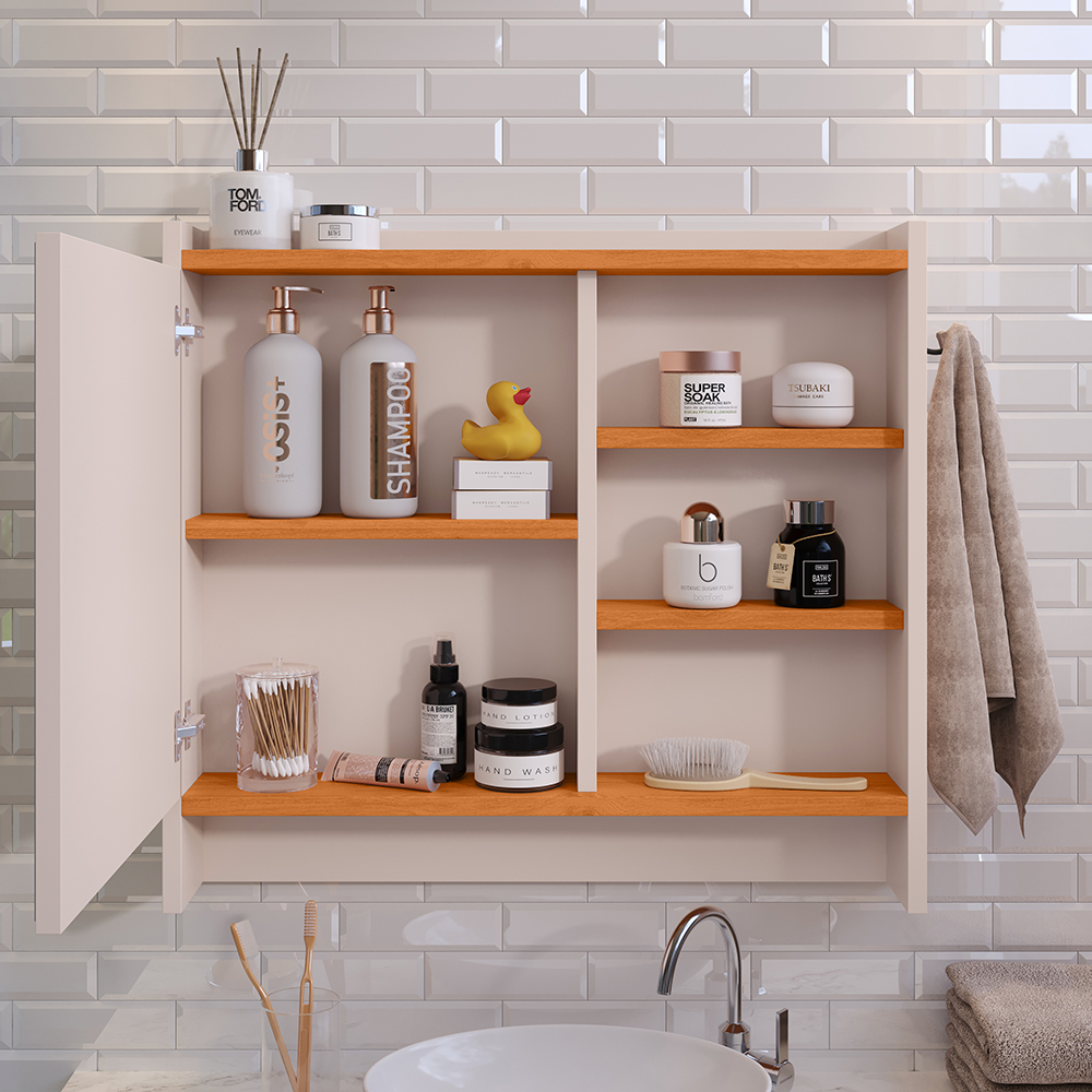 Armário Aéreo Espelheira Armarinho para Banheiro com Espelho Genova - Off White/Cinamomo - Lojas RPM