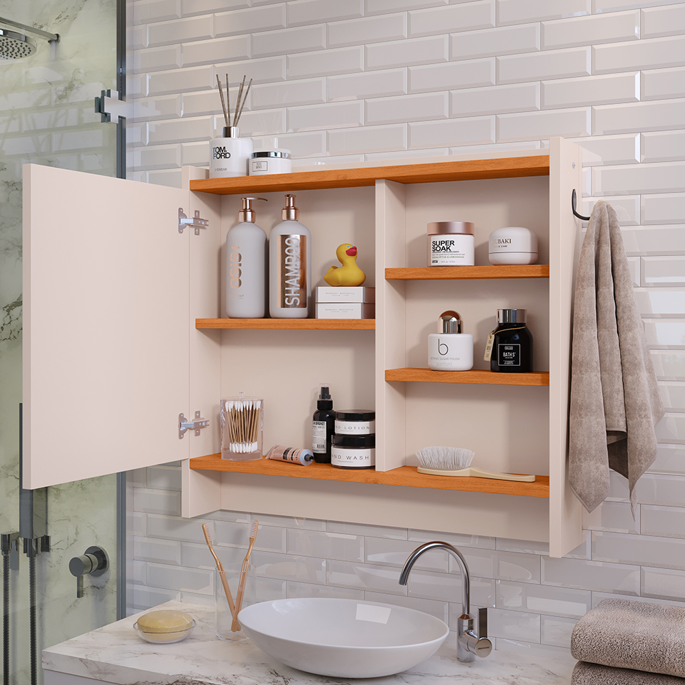 Armário Aéreo Espelheira Armarinho para Banheiro com Espelho Genova - Off White/Cinamomo - Lojas RPM