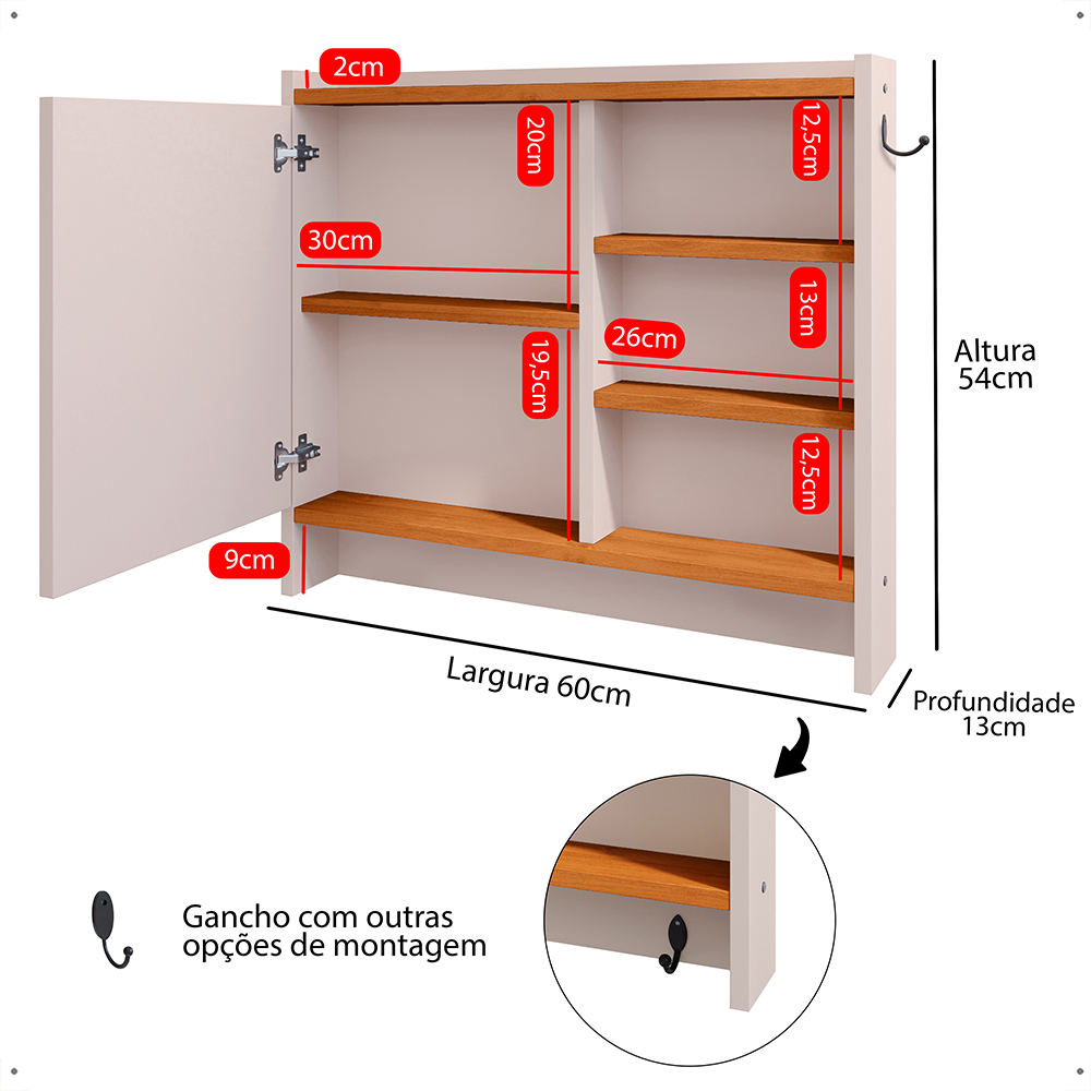 Armário Aéreo Espelheira Armarinho para Banheiro com Espelho Genova - Off White/Cinamomo - Lojas RPM