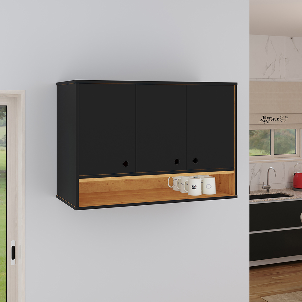 Armário Compacto 3 Portas Suspensa Jessica cor Preto / Cinamomo