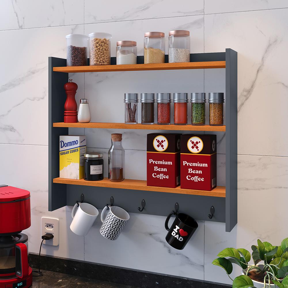 Armário Suspenso Suporte Xícaras Armarinho Amélia Nicho Organizadora Decoração Cozinha Ganchos Resistentes – Cinza/Cinamomo – RPM Móveis