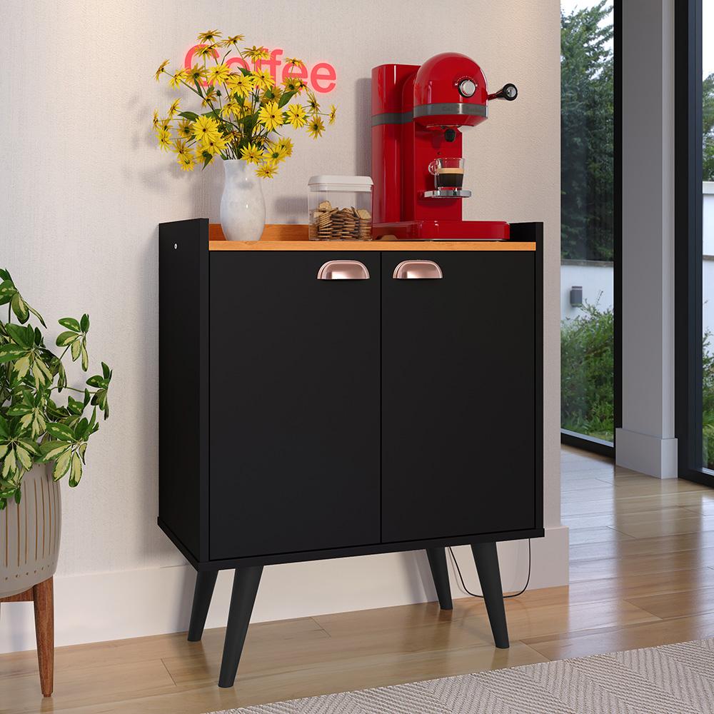 Buffet Linea 2 Portas Cantinho Café Chá Decoração Cozinha Sala Estar Jantar Puxador Concha Prateleiras Preto/Cinamomo– RPM Móveis