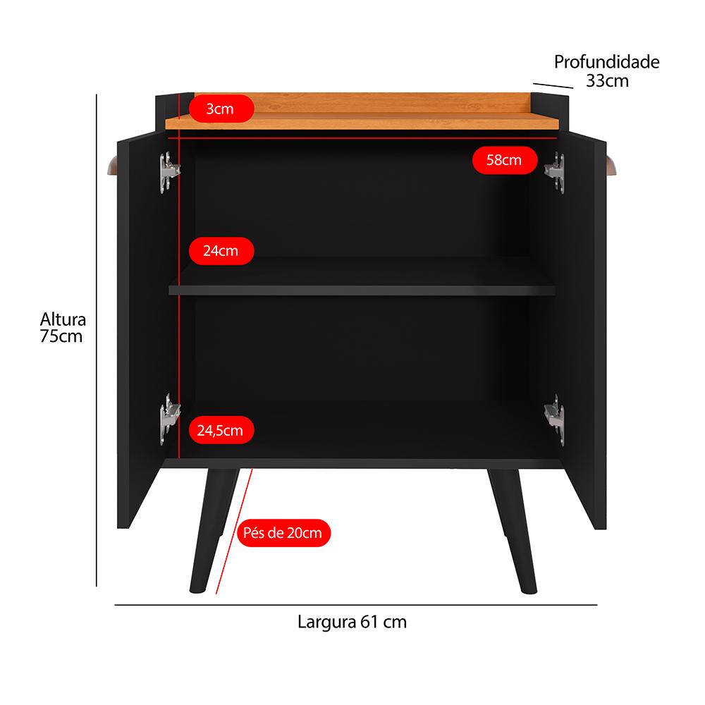 Buffet Linea 2 Portas Cantinho Café Chá Decoração Cozinha Sala Estar Jantar Puxador Concha Prateleiras Preto/Cinamomo– RPM Móveis
