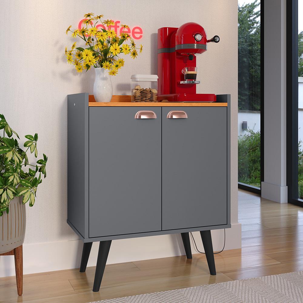 Buffet Linea 2 Portas Cantinho Café Decoração Cozinha Sala Estar Jantar Puxador Concha Prateleiras Organizadoras Cinza/Cinamomo– RPM Móveis