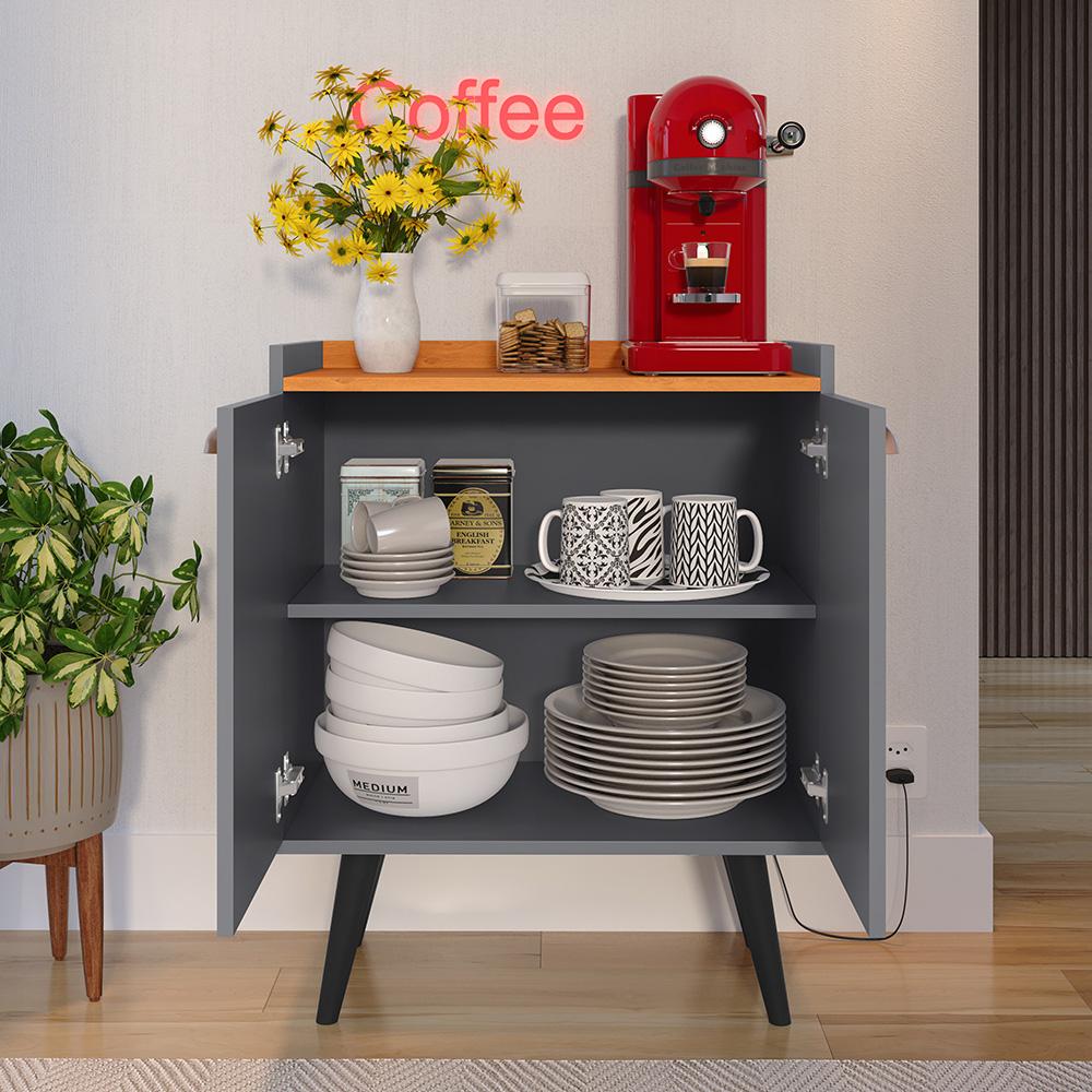 Buffet Linea 2 Portas Cantinho Café Decoração Cozinha Sala Estar Jantar Puxador Concha Prateleiras Organizadoras Cinza/Cinamomo– RPM Móveis