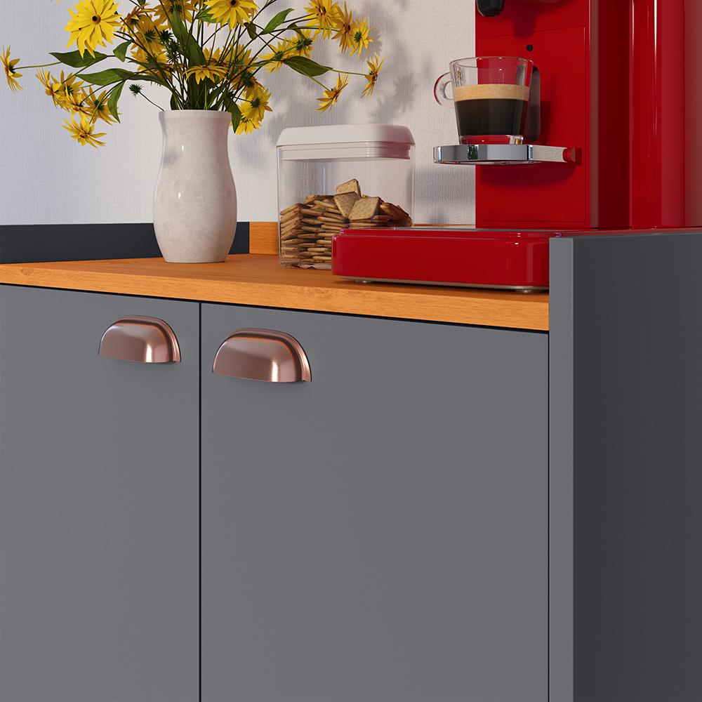Buffet Linea 2 Portas Cantinho Café Decoração Cozinha Sala Estar Jantar Puxador Concha Prateleiras Organizadoras Cinza/Cinamomo– RPM Móveis