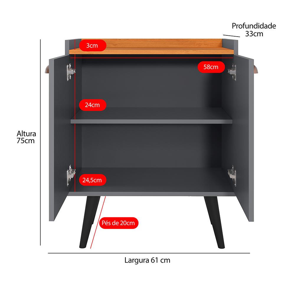 Buffet Linea 2 Portas Cantinho Café Decoração Cozinha Sala Estar Jantar Puxador Concha Prateleiras Organizadoras Cinza/Cinamomo– RPM Móveis