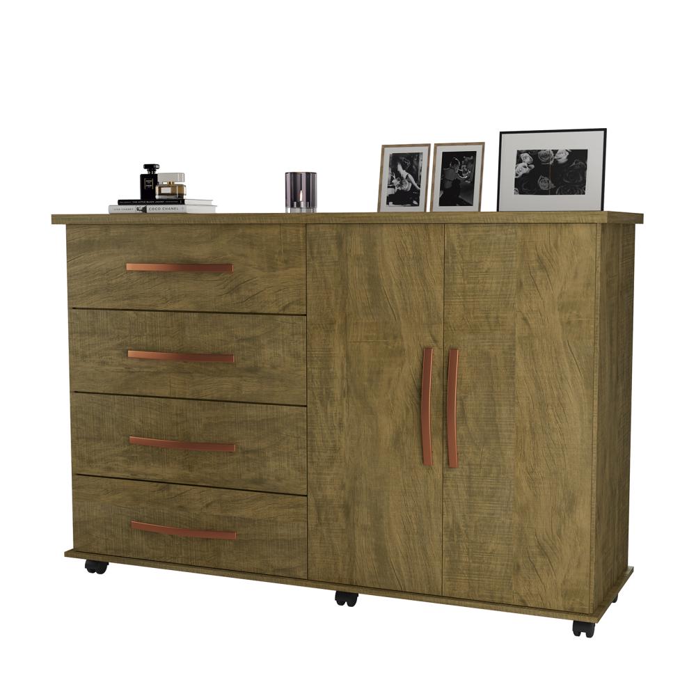 Cômoda 4 Gavetas e Porta Pés Rodízios Bali – Amendoa Wood – Móveis Primus
