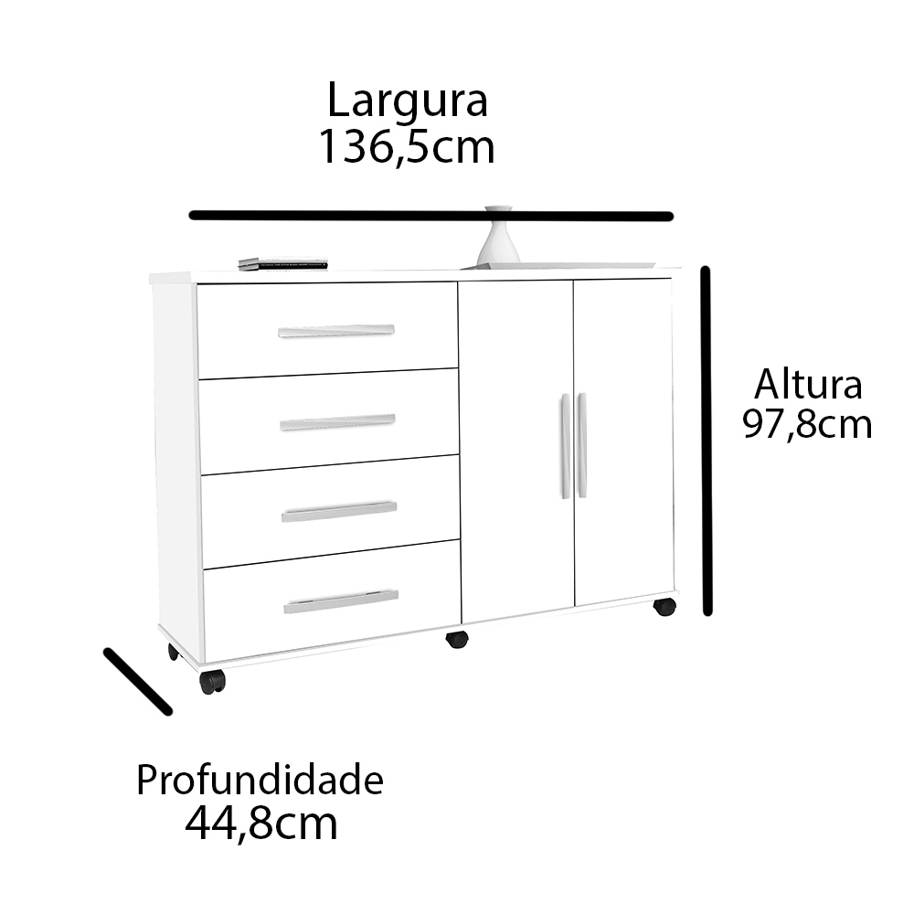 Cômoda 4 Gavetas e Porta Pés Rodízios Bali – Mel com Pérola – Móveis Primus