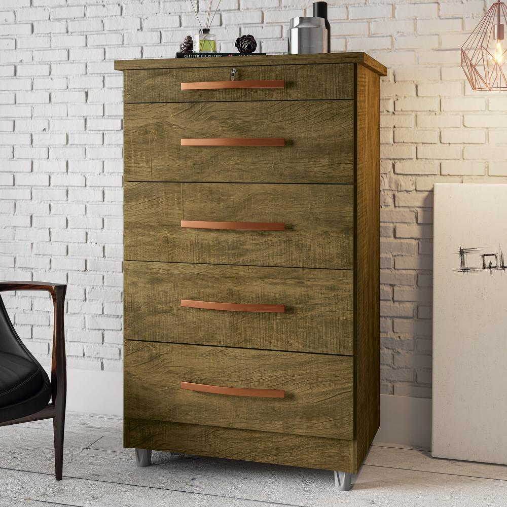 Cômoda Emas 5 Gavetas com 1 Chave – Amendoa Wood – Móveis Primus