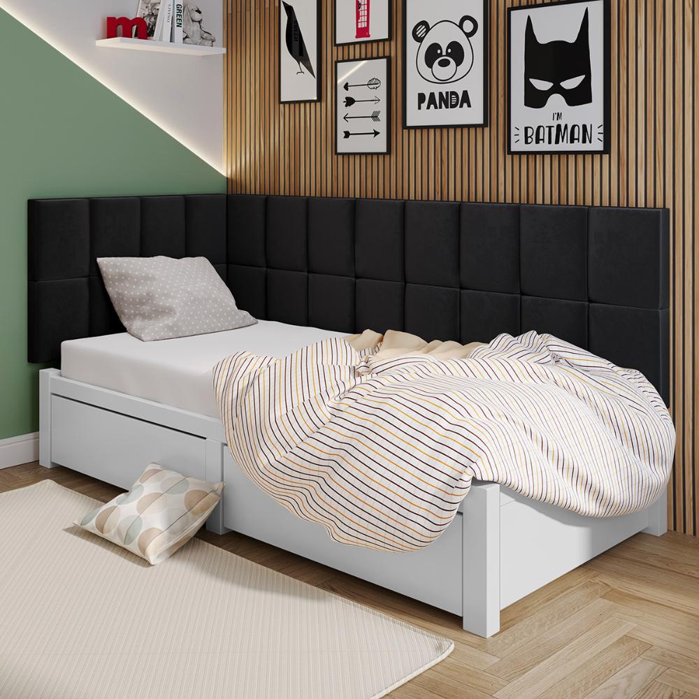 Cabeceira Aurora Cama Box Solteiro Infantil em L Suspensa Almofadada Proteção Lateral Estofada Decoração Quarto - Preto Suede - RPM Móveis