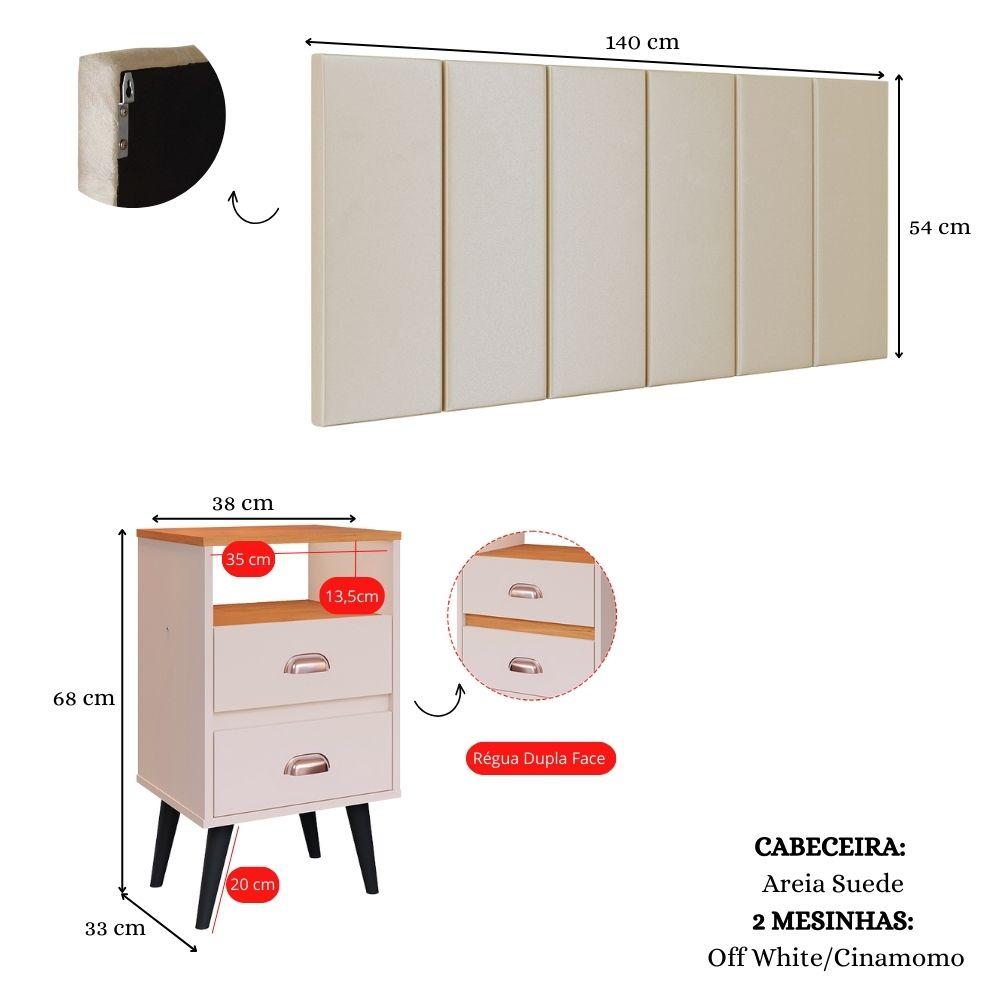 Cabeceira Estofada Modular Box Casal 1,40 Julia Areia Jogo 2 Mesinha Pequena Gaveta Nicho Canto Lateral Cama Off White/Cinamomo Classic New-RPM