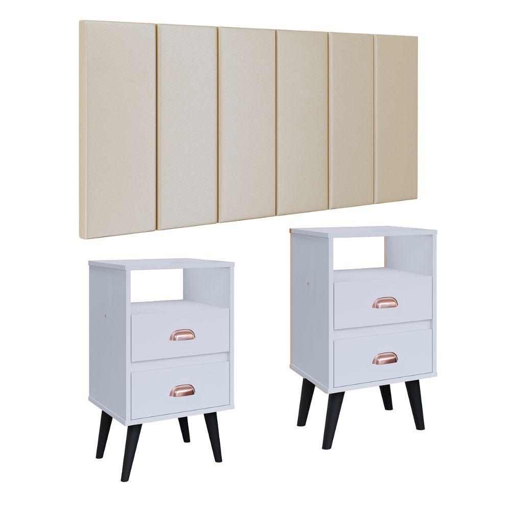 Cabeceira Estofada Modular Box Casal 1,40 Julia Areia Jogo 2 Mesinha Pequena Gaveta Nicho Canto Lateral Cama Retrô Classic New Branco-RPM