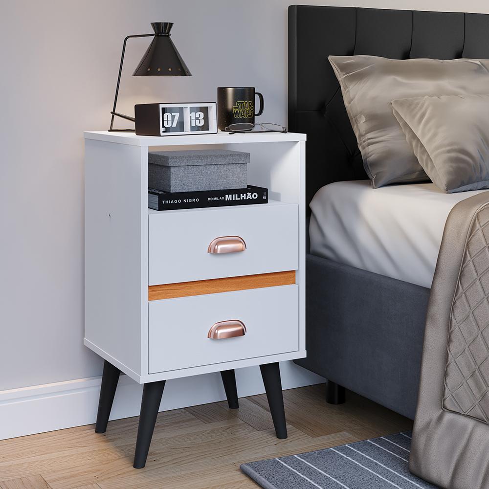 Cabeceira Estofada Modular Box Casal 1,40 Julia Areia Jogo 2 Mesinha Pequena Gaveta Nicho Canto Lateral Cama Retrô Classic New Branco-RPM