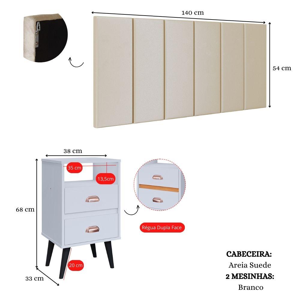 Cabeceira Estofada Modular Box Casal 1,40 Julia Areia Jogo 2 Mesinha Pequena Gaveta Nicho Canto Lateral Cama Retrô Classic New Branco-RPM