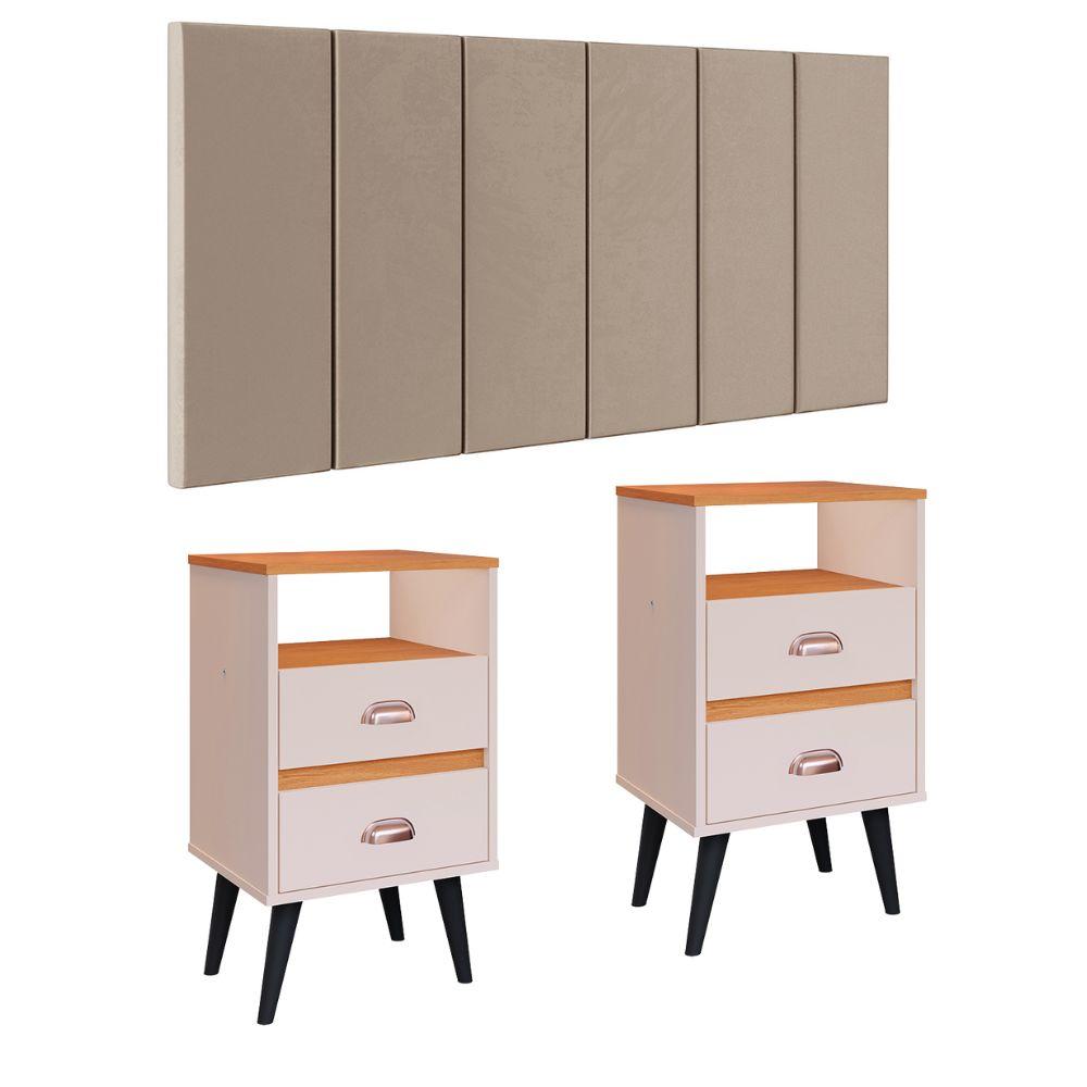Cabeceira Estofada Modular Box Casal 1,40 Julia Bege Jogo 2 Mesinha Pequena Gaveta Nicho Canto Lateral Cama Off White/Cinamomo Classic New-RPM
