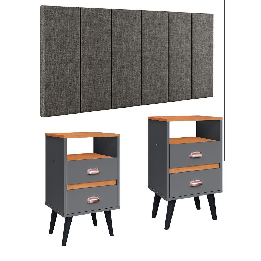 Cabeceira Estofada Modular Box Casal 1,40 Julia Cinza Jogo 2 Mesinha Pequena Gaveta Nicho Canto Cama Cinza/Cinamomo Classic New-RPM