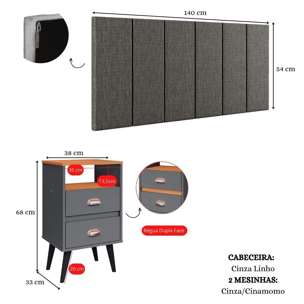 Cabeceira Estofada Modular Box Casal 1,40 Julia Cinza Jogo 2 Mesinha Pequena Gaveta Nicho Canto Cama Cinza/Cinamomo Classic New-RPM