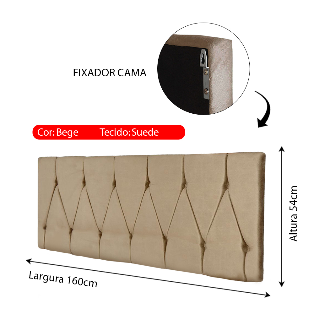Cabeceira Parede Capitonê Estofado Suede Cama Box Queen 1,60 Quarto Casal Decoração Retrô - Bege - RPM