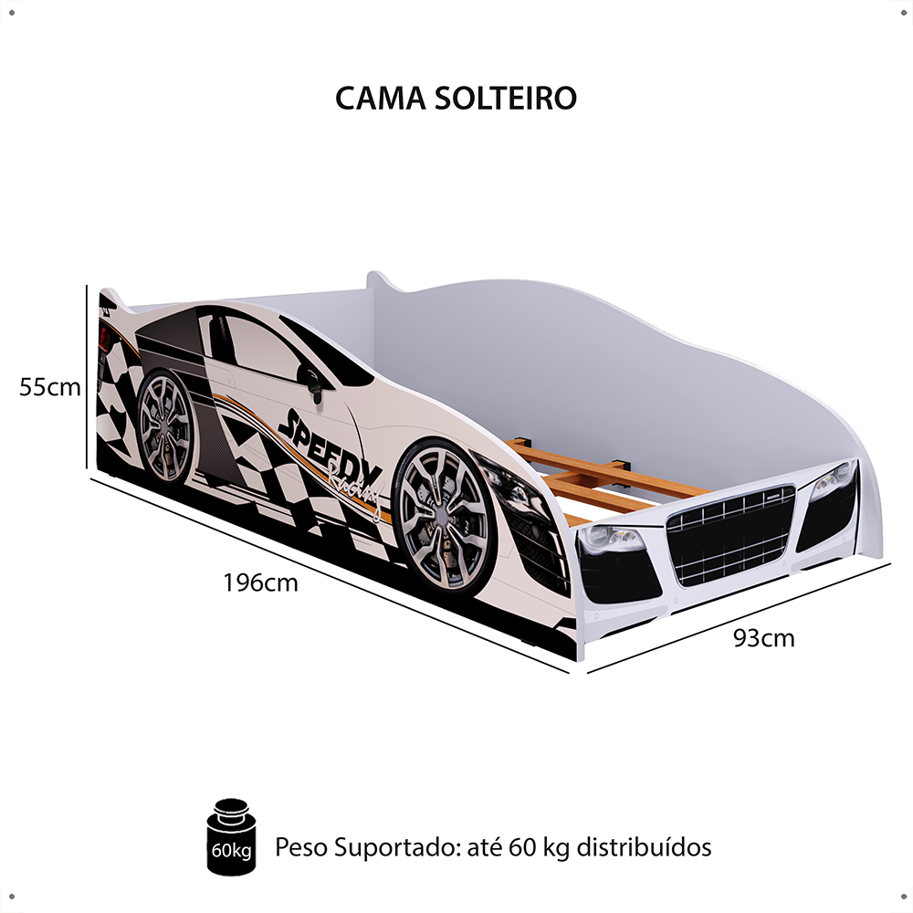 Cama Carro Solteiro Infantil Speedy Montessoriana MDF Proteção Lateral Decoração Tema Corrida Quarto Menino - Branco - RPM