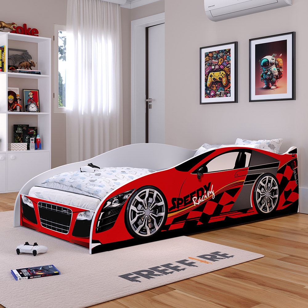 Cama Carro Solteiro Infantil Speedy Montessoriana MDF Proteção Lateral Decoração Tema Corrida Quarto Menino - Vermelho/Branco - RPM