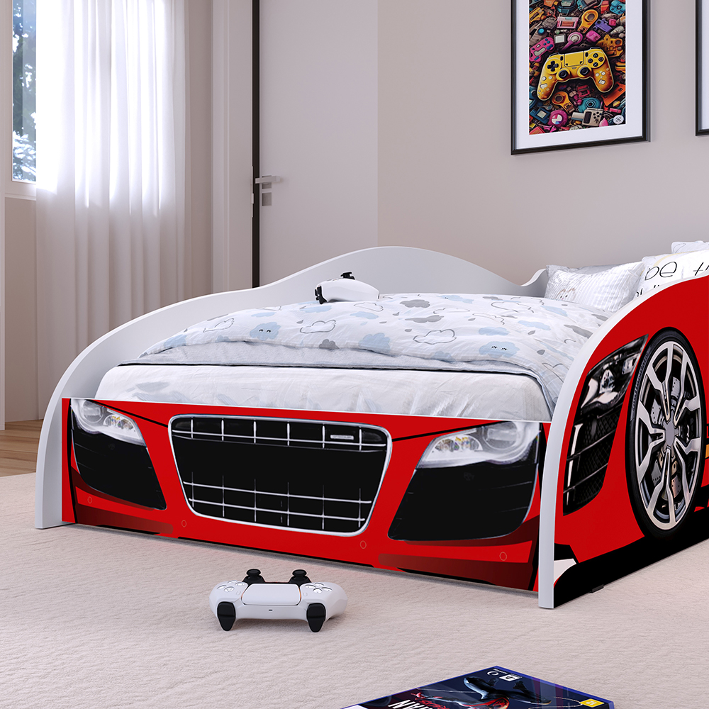 Cama Carro Solteiro Infantil Speedy Montessoriana MDF Proteção Lateral Decoração Tema Corrida Quarto Menino - Vermelho/Branco - RPM