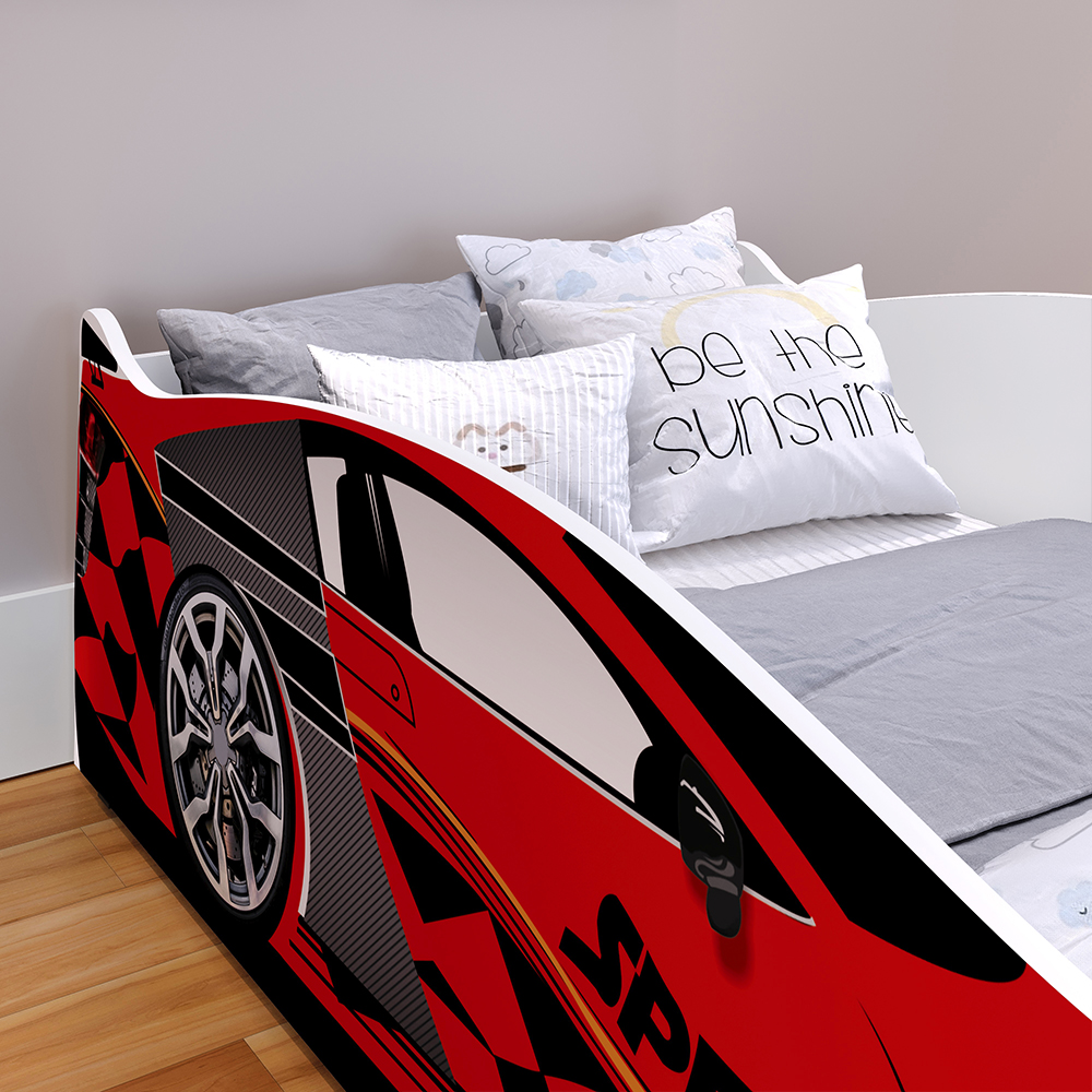 Cama Carro Solteiro Infantil Speedy Montessoriana MDF Proteção Lateral Decoração Tema Corrida Quarto Menino - Vermelho/Branco - RPM