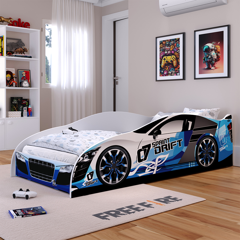 Cama Infantil Carro Drift Mini Cama MDF Montessoriana Segura Decoração Quarto Menino - Azul/Branco - RPM Móveis