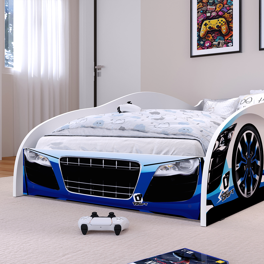 Cama Infantil Carro Drift Mini Cama MDF Montessoriana Segura Decoração Quarto Menino - Azul/Branco - RPM Móveis