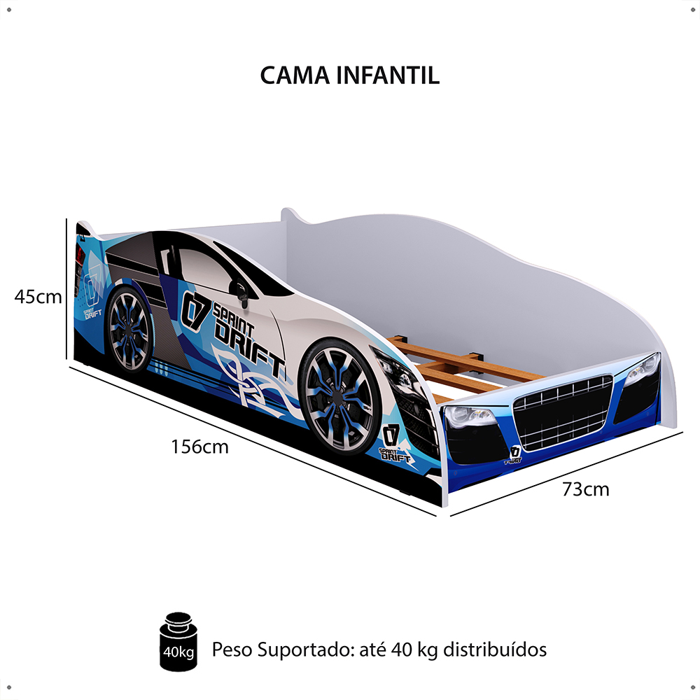 Cama Infantil Carro Drift Mini Cama MDF Montessoriana Segura Decoração Quarto Menino - Azul/Branco - RPM Móveis