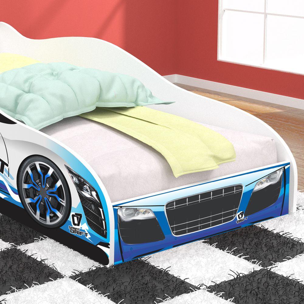 Cama Infantil Carro Drift Mini Cama MDF Montessoriana Segura Decoração Quarto Menino - Azul/Branco - RPM Móveis