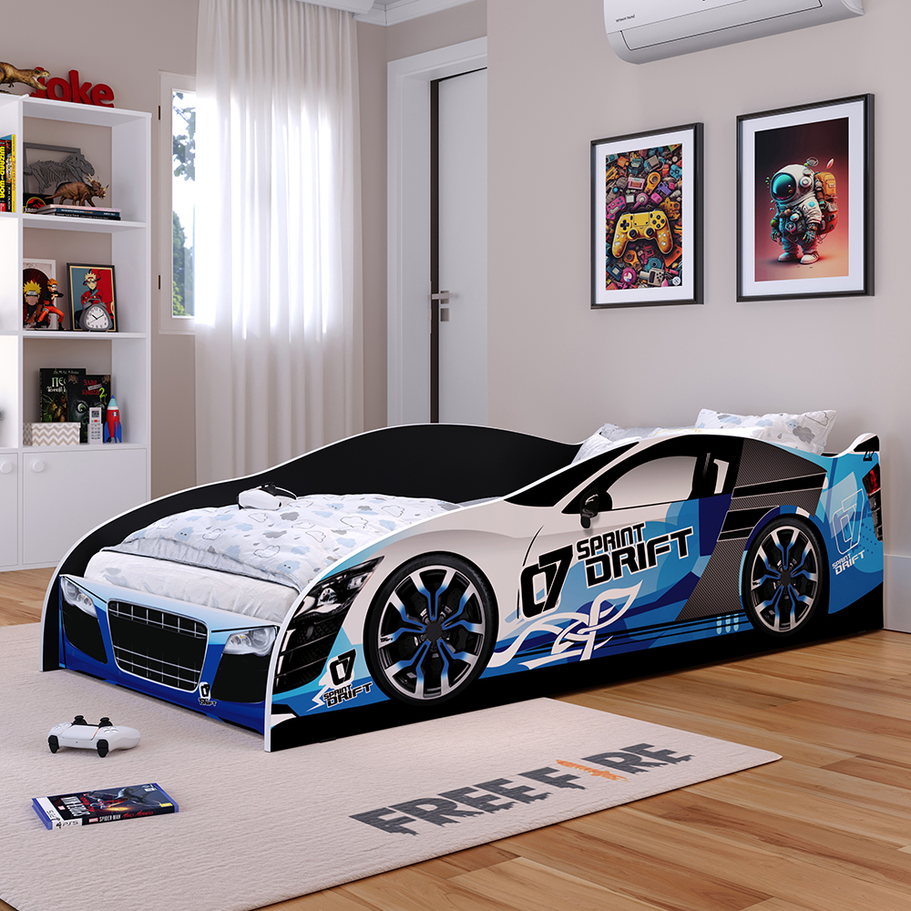 Cama Infantil Carro Drift Mini Cama MDF Montessoriana Segura Decoração Quarto Menino - Azul/Preto- RPM Móveis