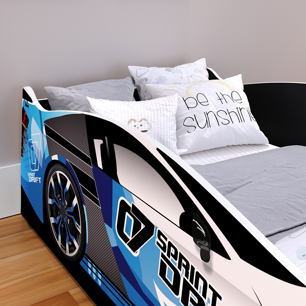 Cama Infantil Carro Drift Mini Cama MDF Montessoriana Segura Decoração Quarto Menino - Azul/Preto- RPM Móveis