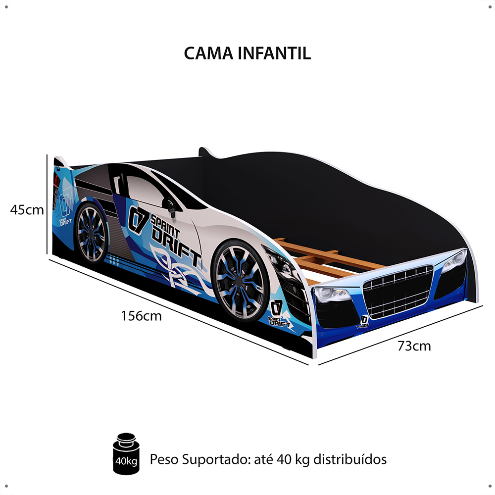 Cama Infantil Carro Drift Mini Cama MDF Montessoriana Segura Decoração Quarto Menino - Azul/Preto- RPM Móveis