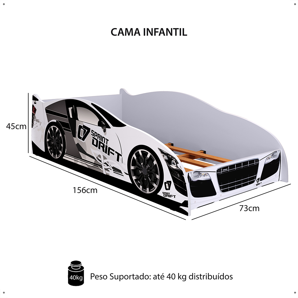 Cama Infantil Carro Drift Mini Cama MDF Montessoriana Segura Decoração Quarto Menino - Branco - RPM Móveis
