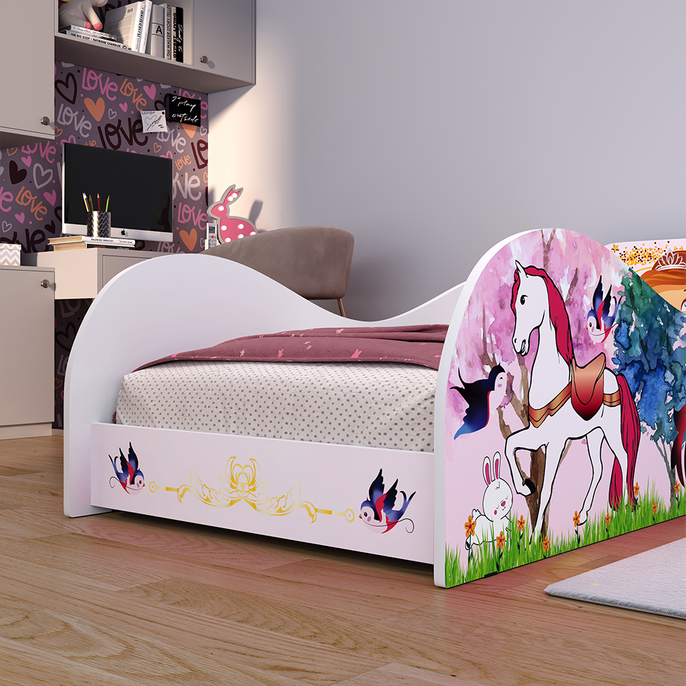Cama Infantil Menina Carruagem Montessoriana MDF Lateral Grade Proteção Decoração Temática Quarto Princesa Bella Rosa - RPM