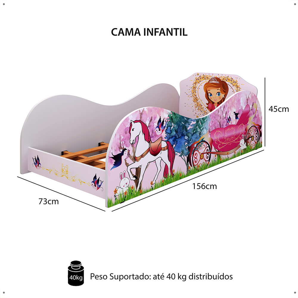 Cama Infantil Menina Carruagem Montessoriana MDF Lateral Grade Proteção Decoração Temática Quarto Princesa Bella Rosa - RPM
