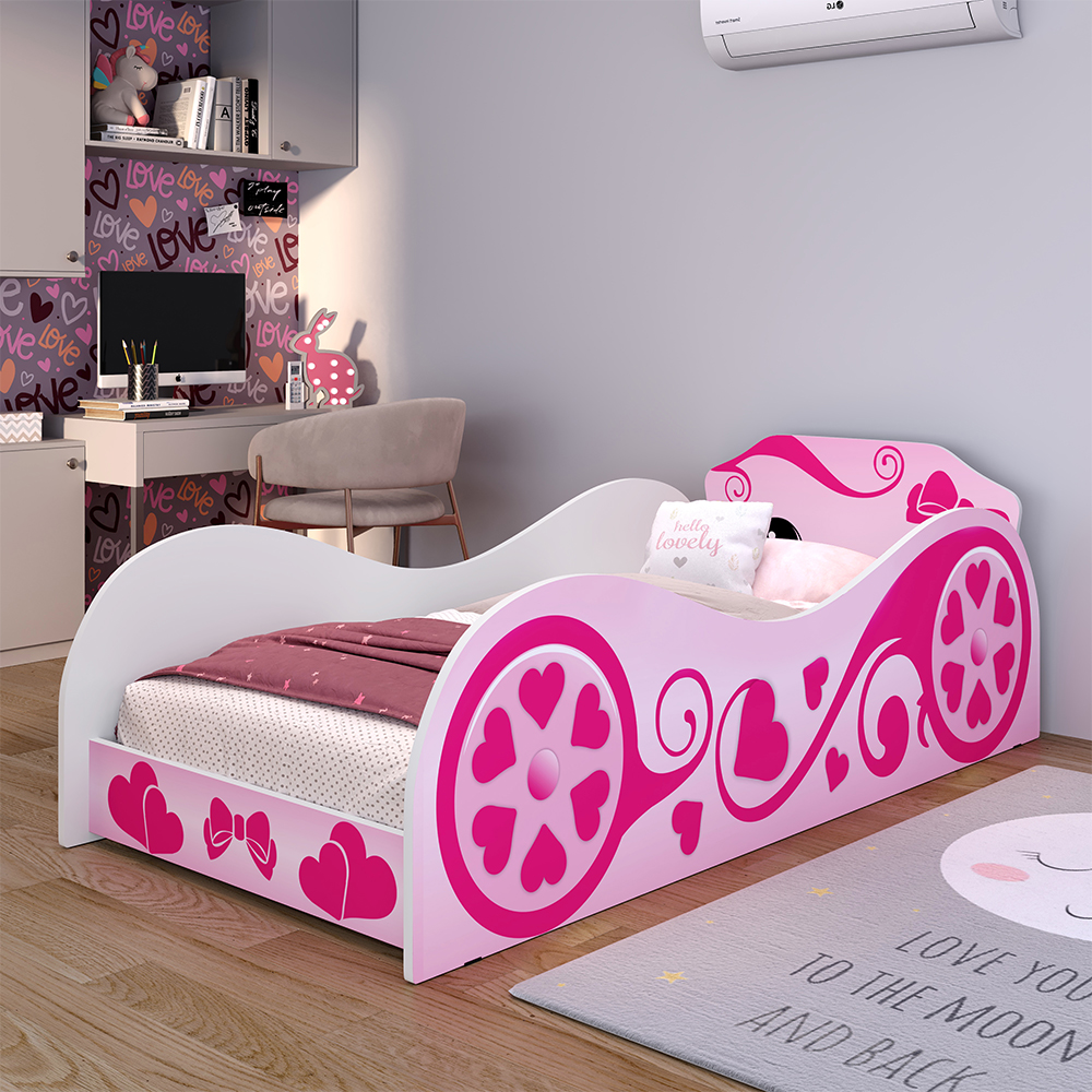 Cama Solteiro Alice Rosa Montessoriana MDF Resistente Segura Laterais Protetoras Adesivo Temático Decoração Quarto Menina Infanto Juvenil - RPM