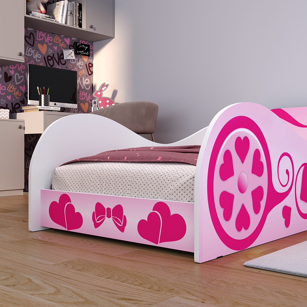 Cama Solteiro Alice Rosa Montessoriana MDF Resistente Segura Laterais Protetoras Adesivo Temático Decoração Quarto Menina Infanto Juvenil - RPM