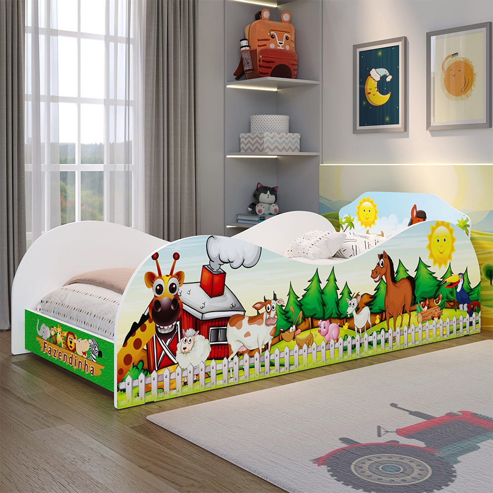 Cama Solteiro Animais Fazendinha Montessoriana MDF Resistente Segura Decoração Quarto Infantil Criança Menina Menino - RPM  