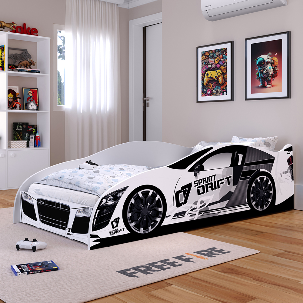 Cama Solteiro Carro Drift Branco Caminha Resistente Decoração Quarto Infantil Menino - RPM Móveis