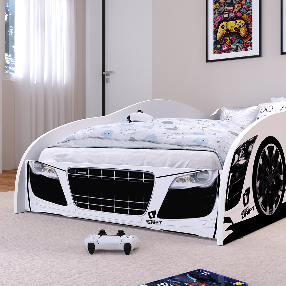 Cama Solteiro Carro Drift Branco Caminha Resistente Decoração Quarto Infantil Menino - RPM Móveis
