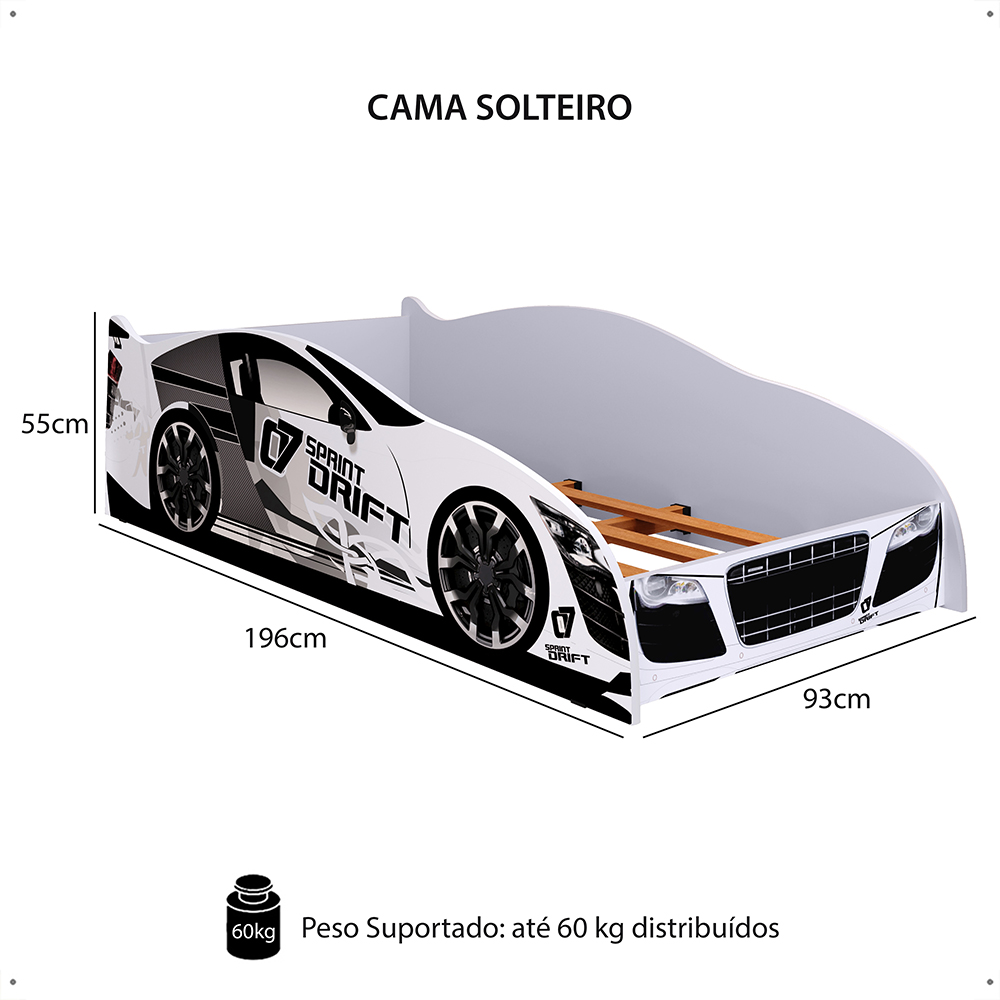 Cama Solteiro Carro Drift Branco Caminha Resistente Decoração Quarto Infantil Menino - RPM Móveis