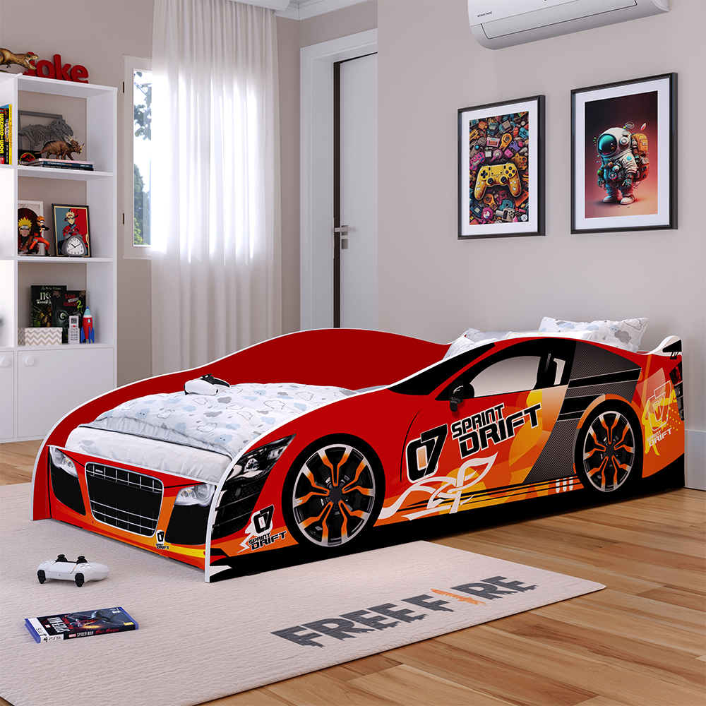 Cama Solteiro Carro Drift Vermelho Caminha Resistente Decoração Quarto Infantil Menino - RPM Móveis