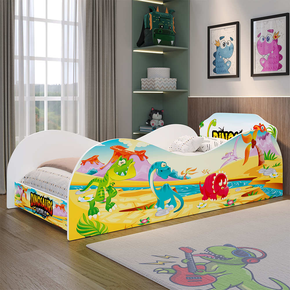 Cama Solteiro Infantil Dinossauro World Montessoriana Segura Proteção Lateral Decoração Quarto Menino Criança - RPM
