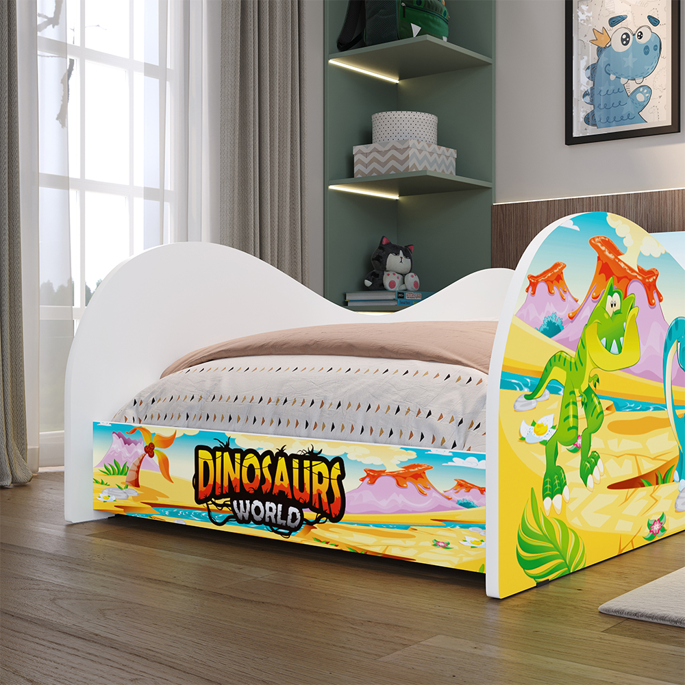 Cama Solteiro Infantil Dinossauro World Montessoriana Segura Proteção Lateral Decoração Quarto Menino Criança - RPM