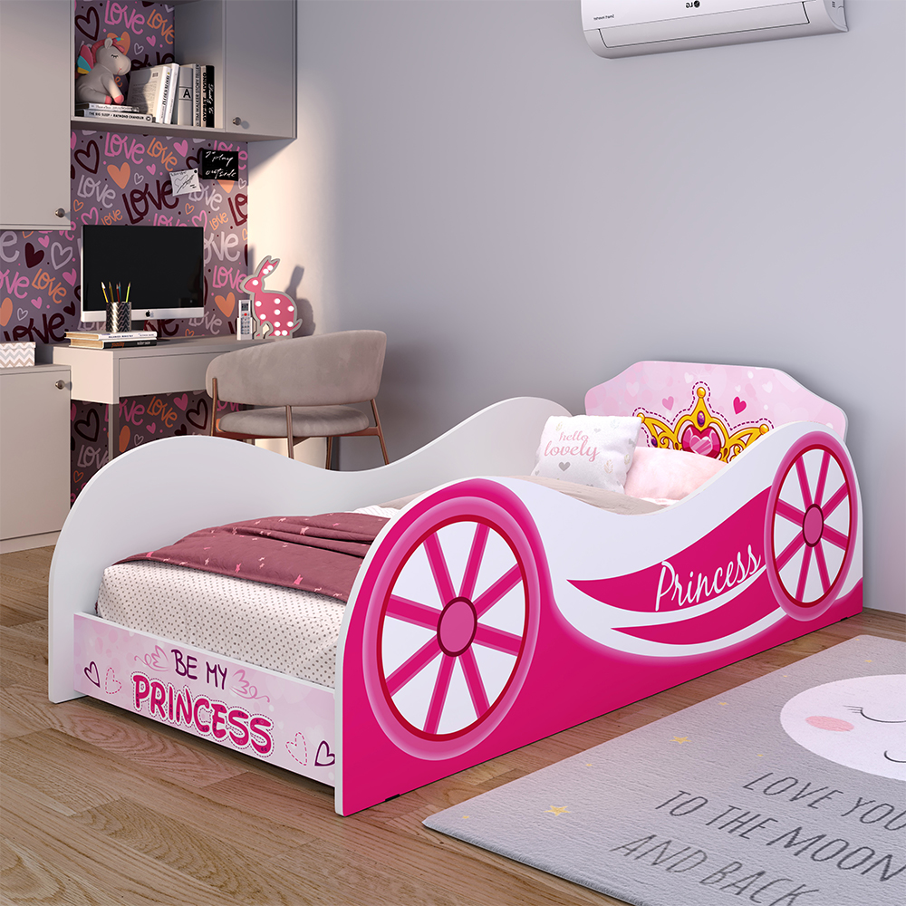 Cama Solteiro Infantil Simples Carruagem MDF Montessoriana Lateral Grade Protetora Quarto Juvenil Menina Tema Princess - RPM